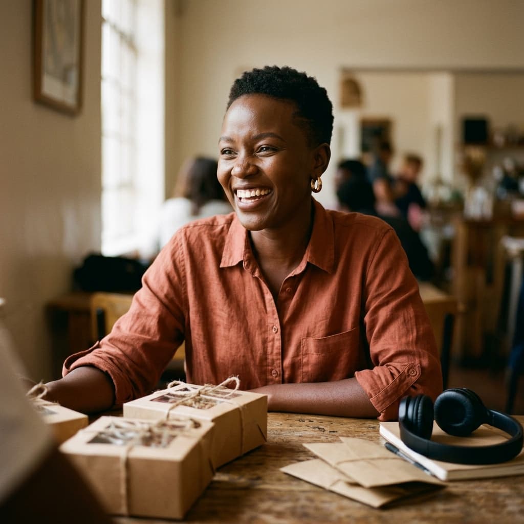 A woman laughing at a worktable with boxed cakes, headphones and paperwork spread in front of her.