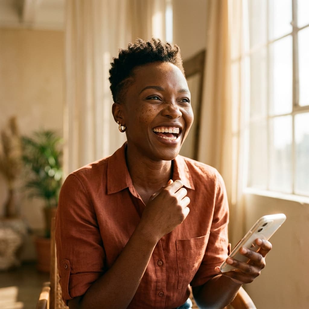 A woman laughing in her sunlit workspace.